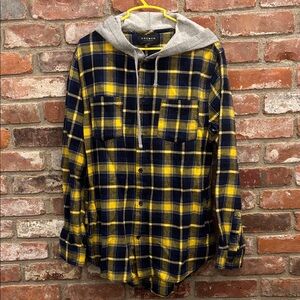 PacSun Blue and Yellow Plaid Shirt with Gray Hood